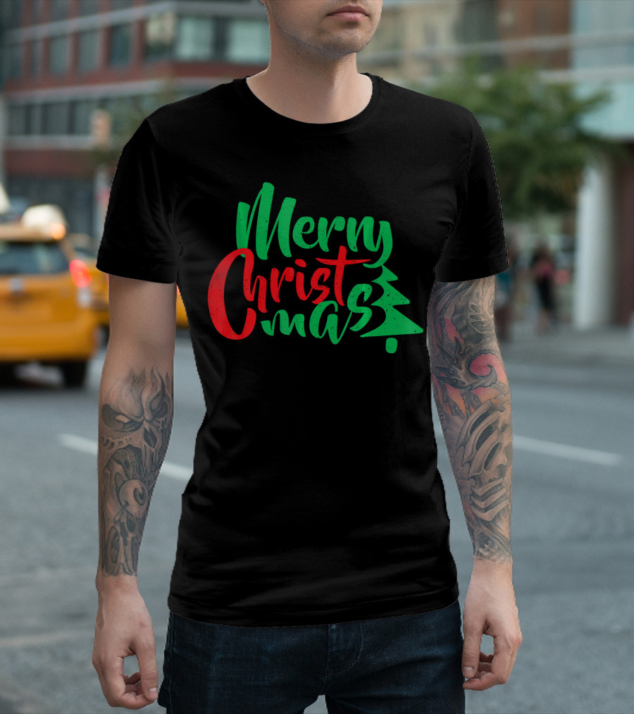 Merry Christmas Tree Design in Festive Red and Green T-Shirt