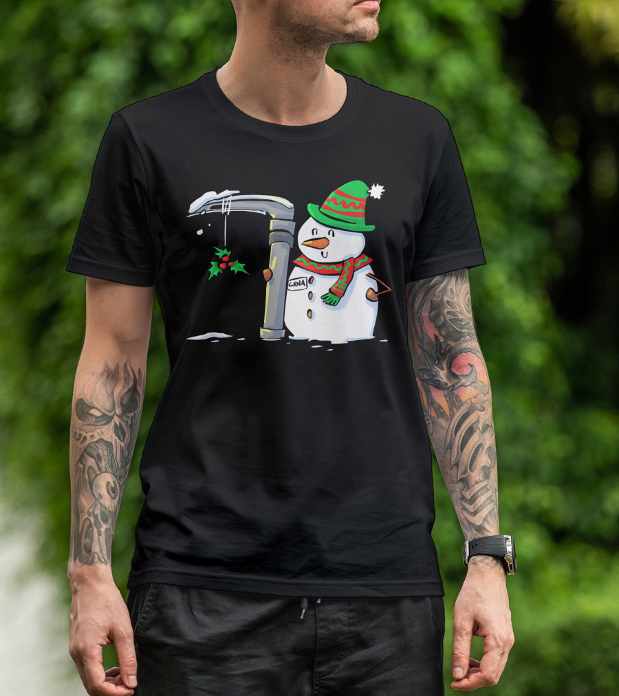Snowman With Mac 3 Anesthesia Wearing Holiday Hat And Scarf With Holly Decor T-Shirt