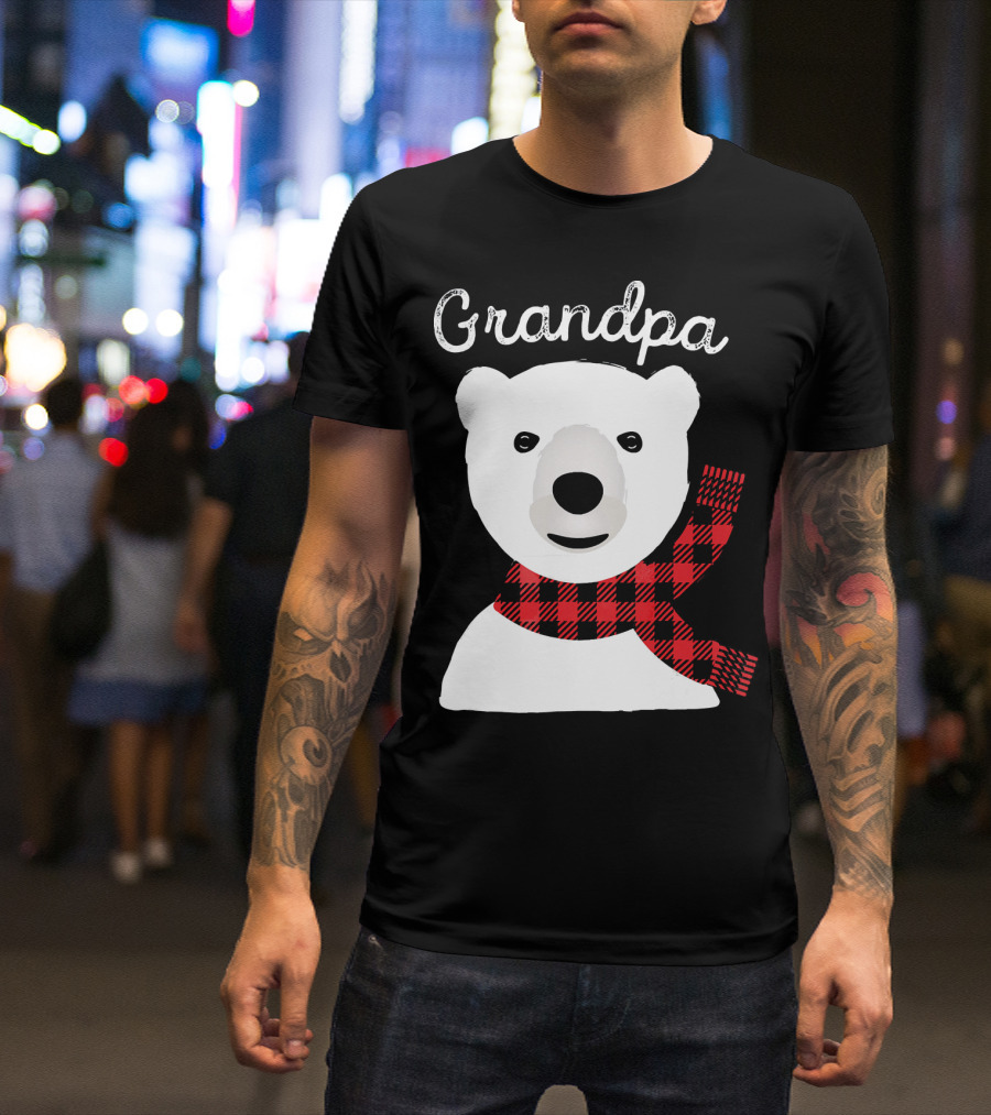 Grandpa Christmas Bear With Red Plaid Scarf Family Matching T-Shirt