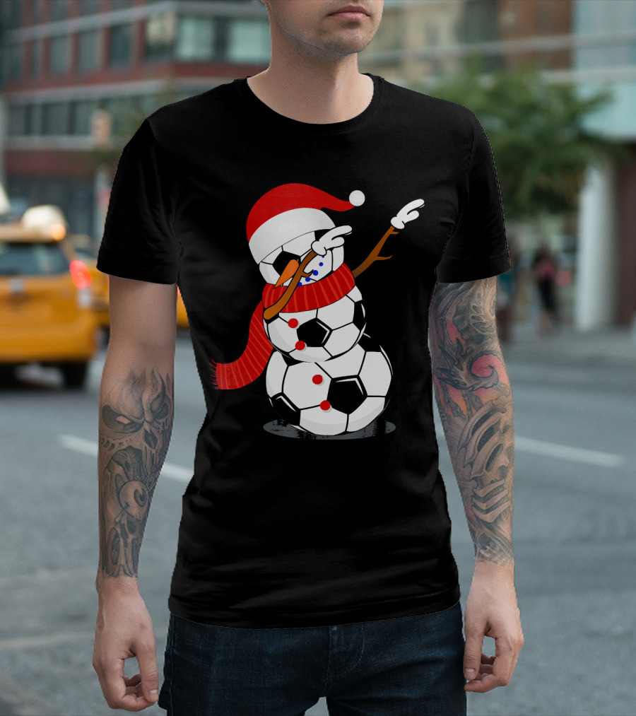 Festive Soccer Ball Dabbing Snowman with Santa Hat and Scarf T-Shirt