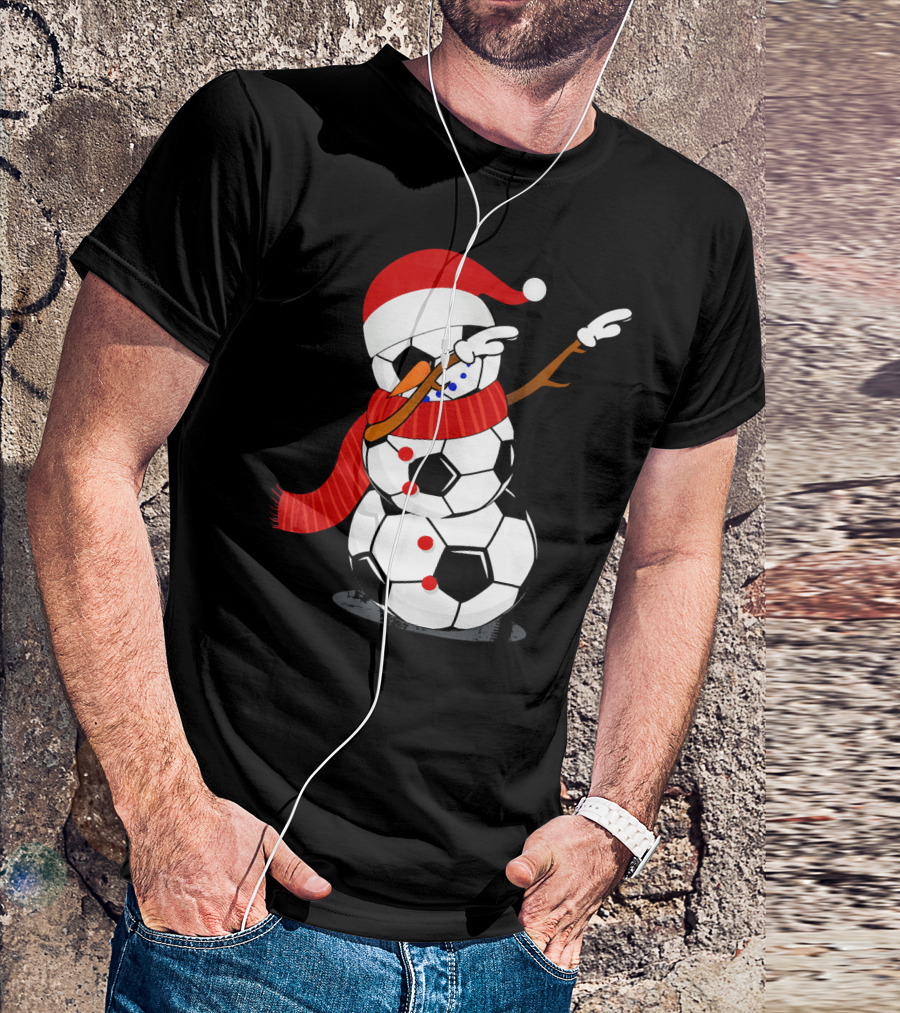 Festive Soccer Ball Dabbing Snowman With Santa Hat And Scarf T-Shirt