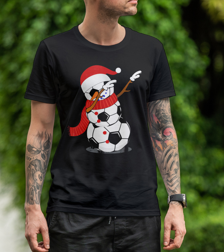 Festive Soccer Ball Dabbing Snowman With Santa Hat And Scarf T-Shirt