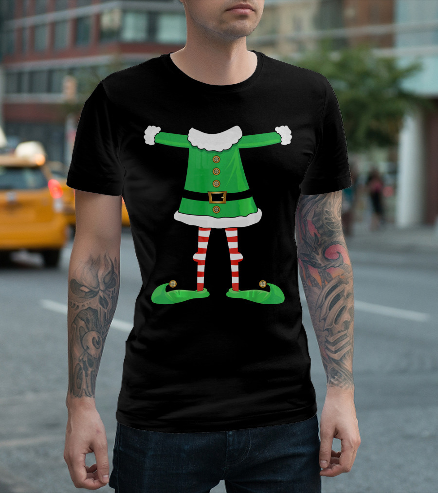 Santa Elf Suit Green Costume with Red Striped Tights and Green Shoes T-Shirt