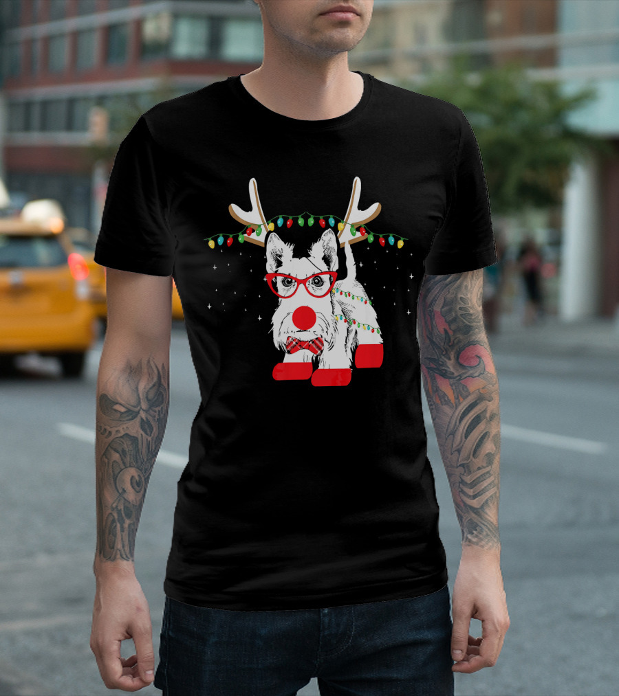 Scottie Dog Christmas Reindeer Lights and Bow Tie T-Shirt