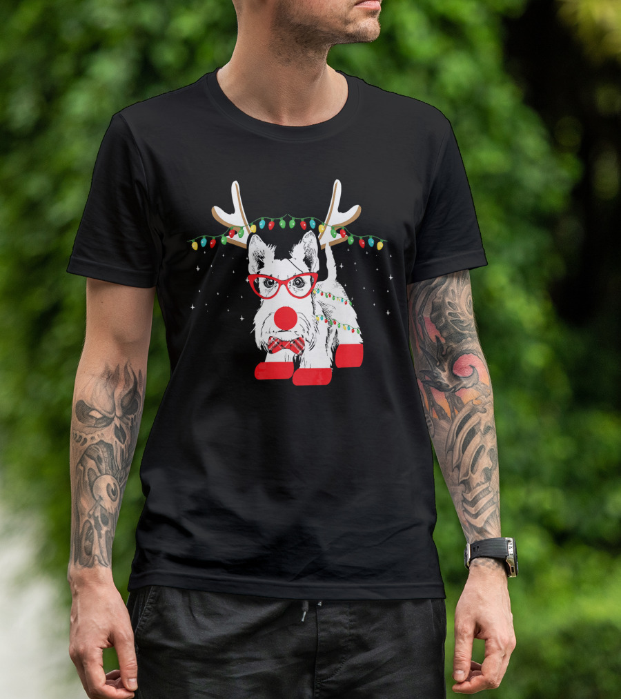 Scottie Dog Christmas Reindeer Lights And Bow Tie T-Shirt