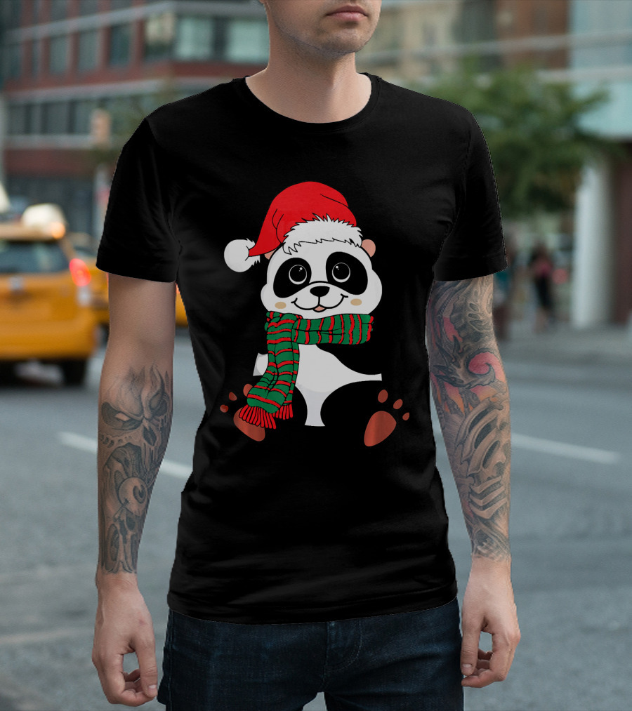 Christmas Panda in Santa Hat and Scarf Winter Vacation T-Shirt