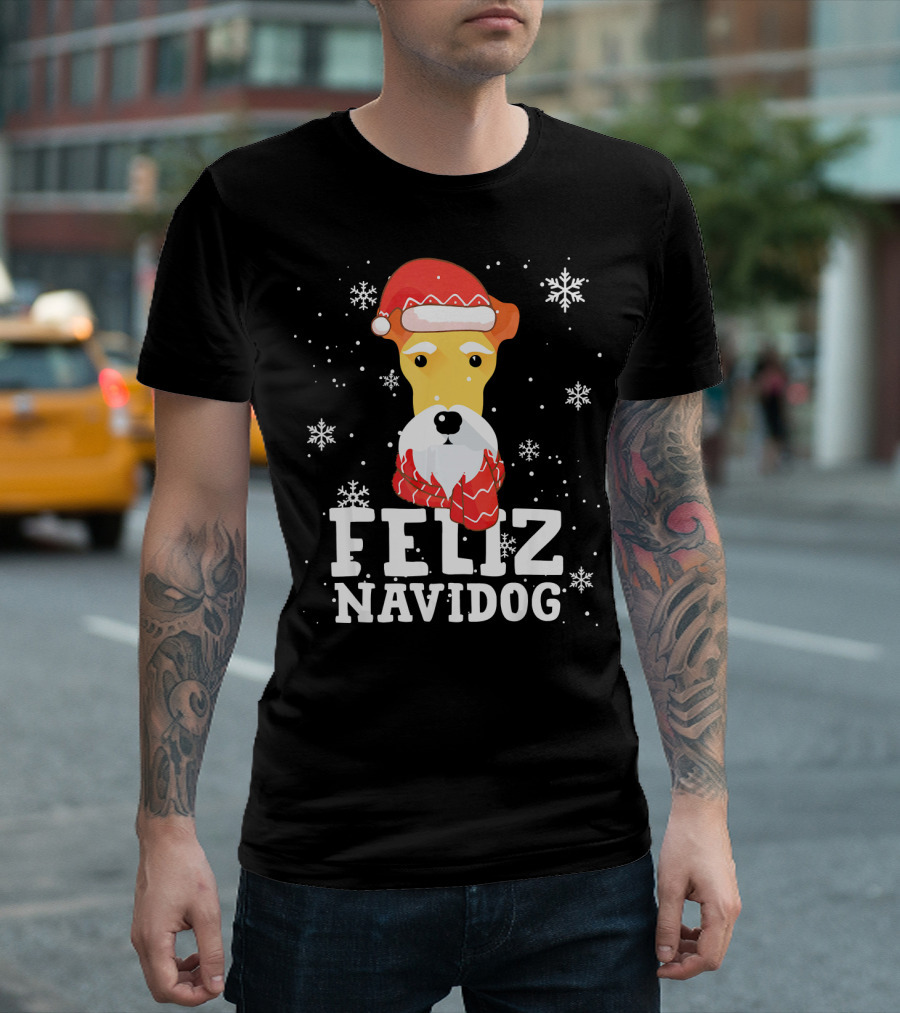 Feliz Navidog Fox Terrier Wire Dog Santa Hat Snowflakes T-Shirt