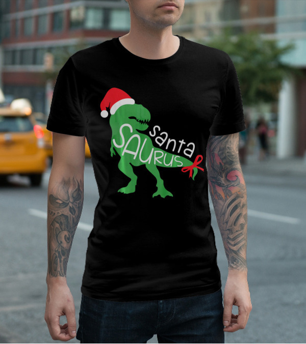 T Rex Dinosaur Santa Saurus Merry Funny Christmas Hat T-Shirt