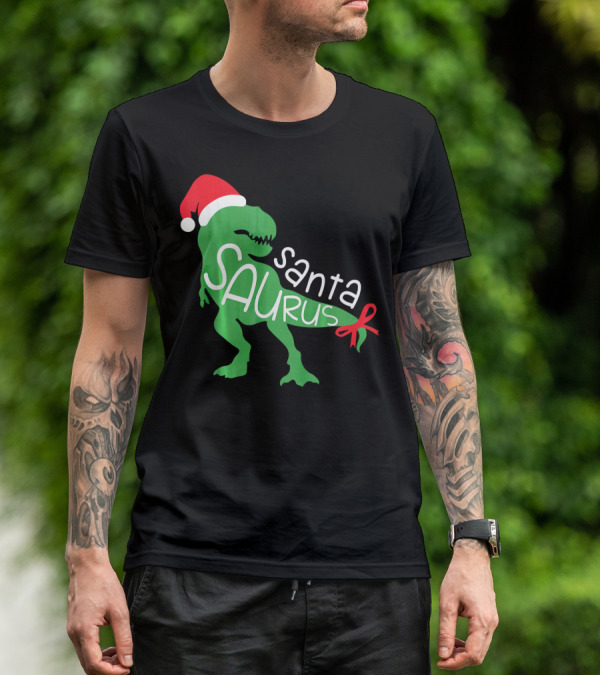T Rex Dinosaur Santa Saurus Merry Funny Christmas Hat T-Shirt
