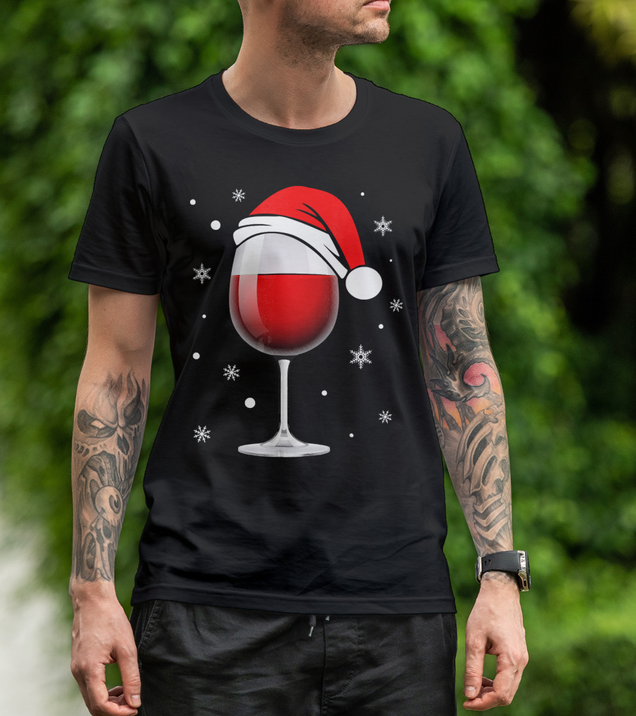 Santa Hat Wine Glass Funny Christmas Holid Snowflakes T-Shirt