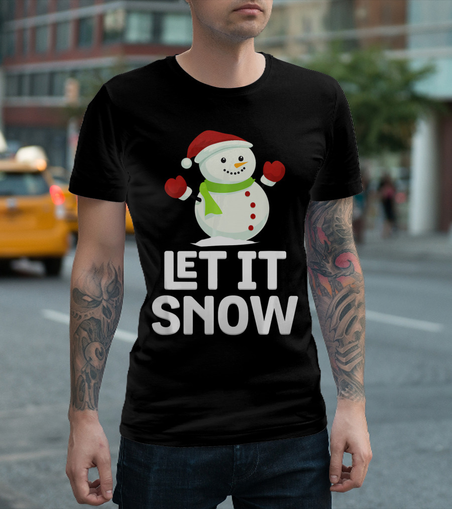 Let It Snow Snowman with Santa Hat and Snowflakes T-Shirt