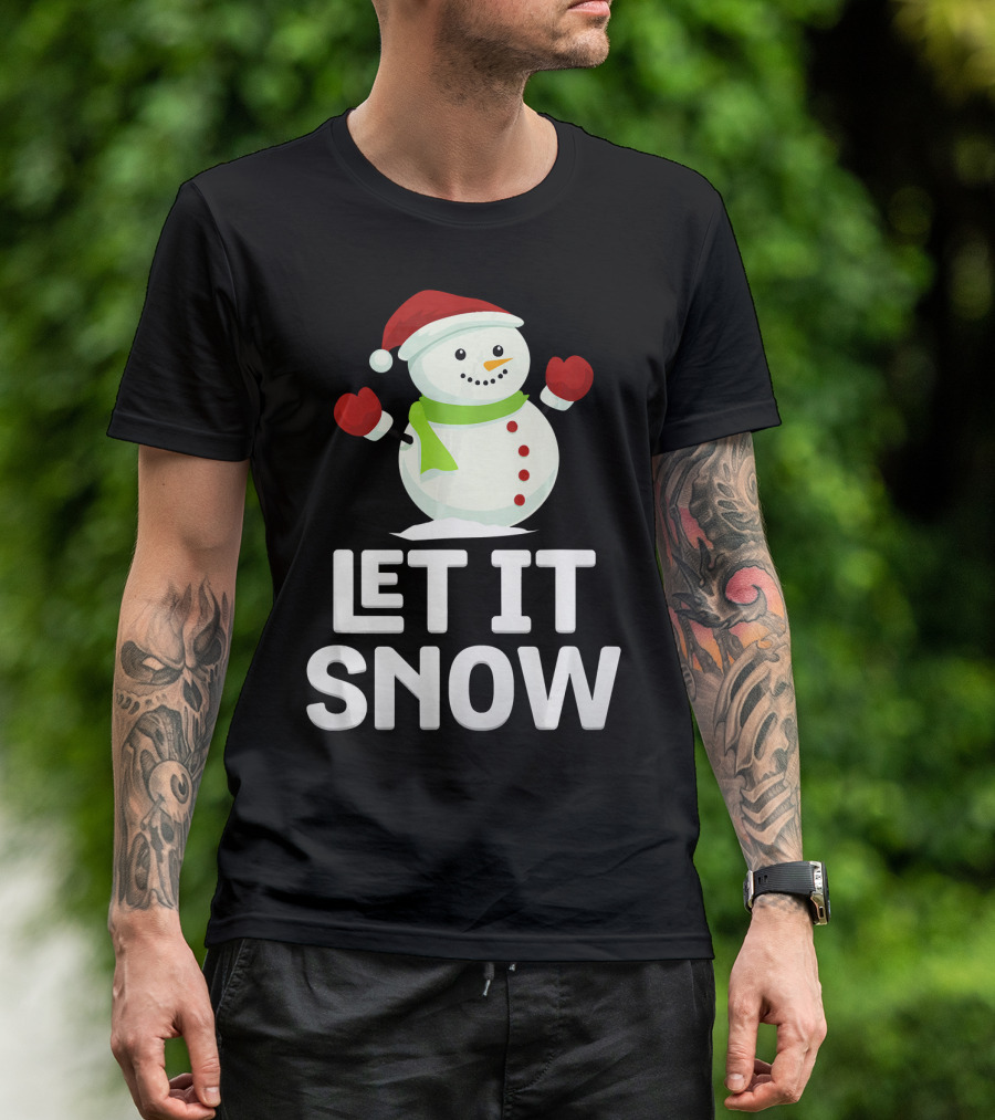 Let It Snow Snowman With Santa Hat And Snowflakes T-Shirt