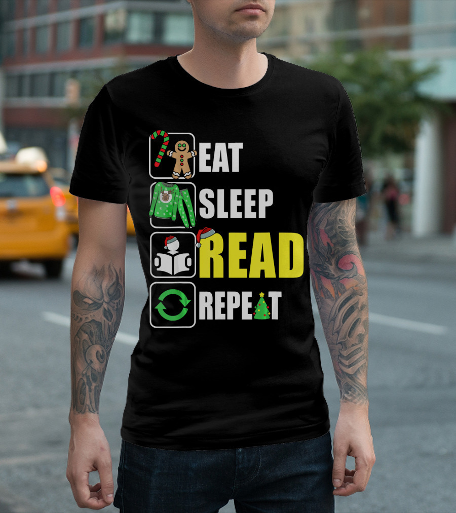 Eat Sleep Read Repeat Christmas Gingerbread Candy Cane Sweater Book Tree T-Shirt