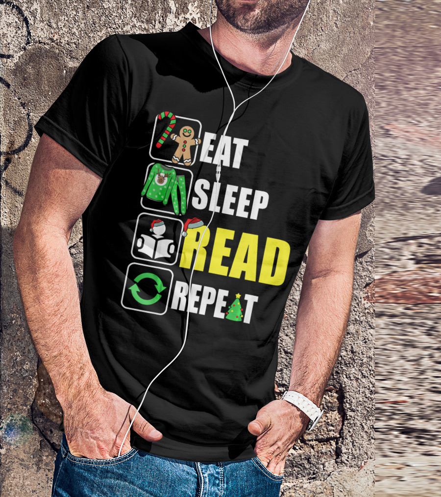 Eat Sleep Read Repeat Christmas Gingerbread Candy Cane Sweater Book Tree T-Shirt