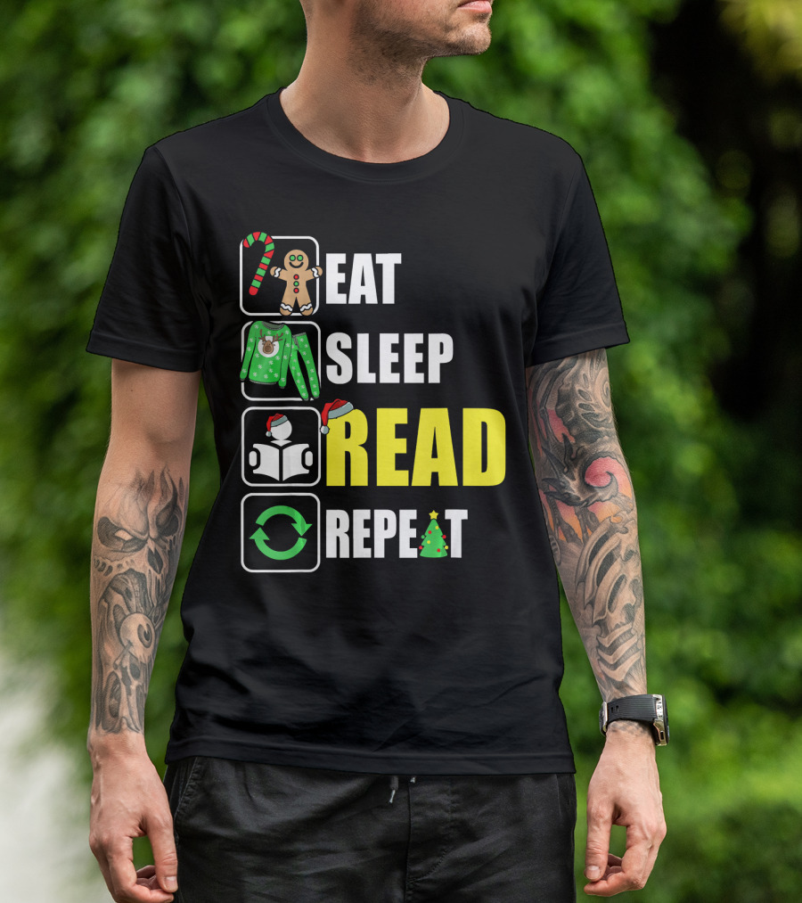 Eat Sleep Read Repeat Christmas Gingerbread Candy Cane Sweater Book Tree T-Shirt