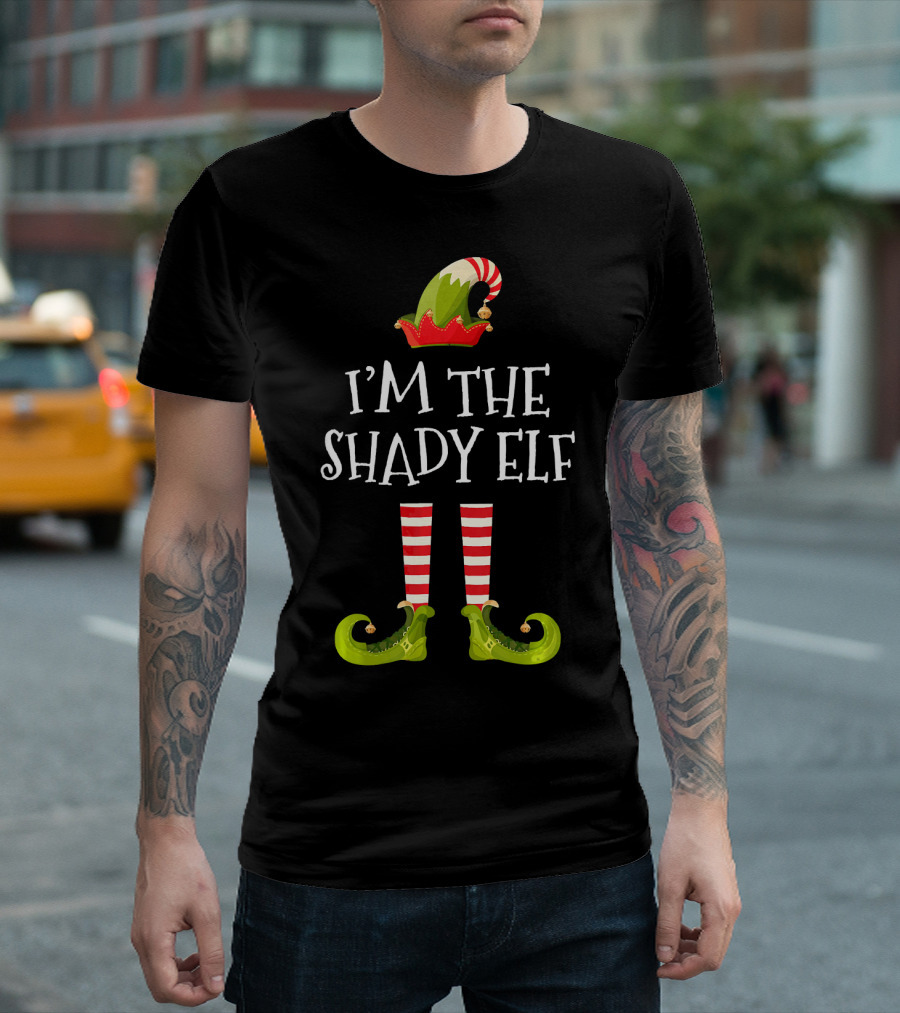 I'm The Shady Elf Christmas Costume Striped Socks Festive Hat Green Shoes T-Shirt