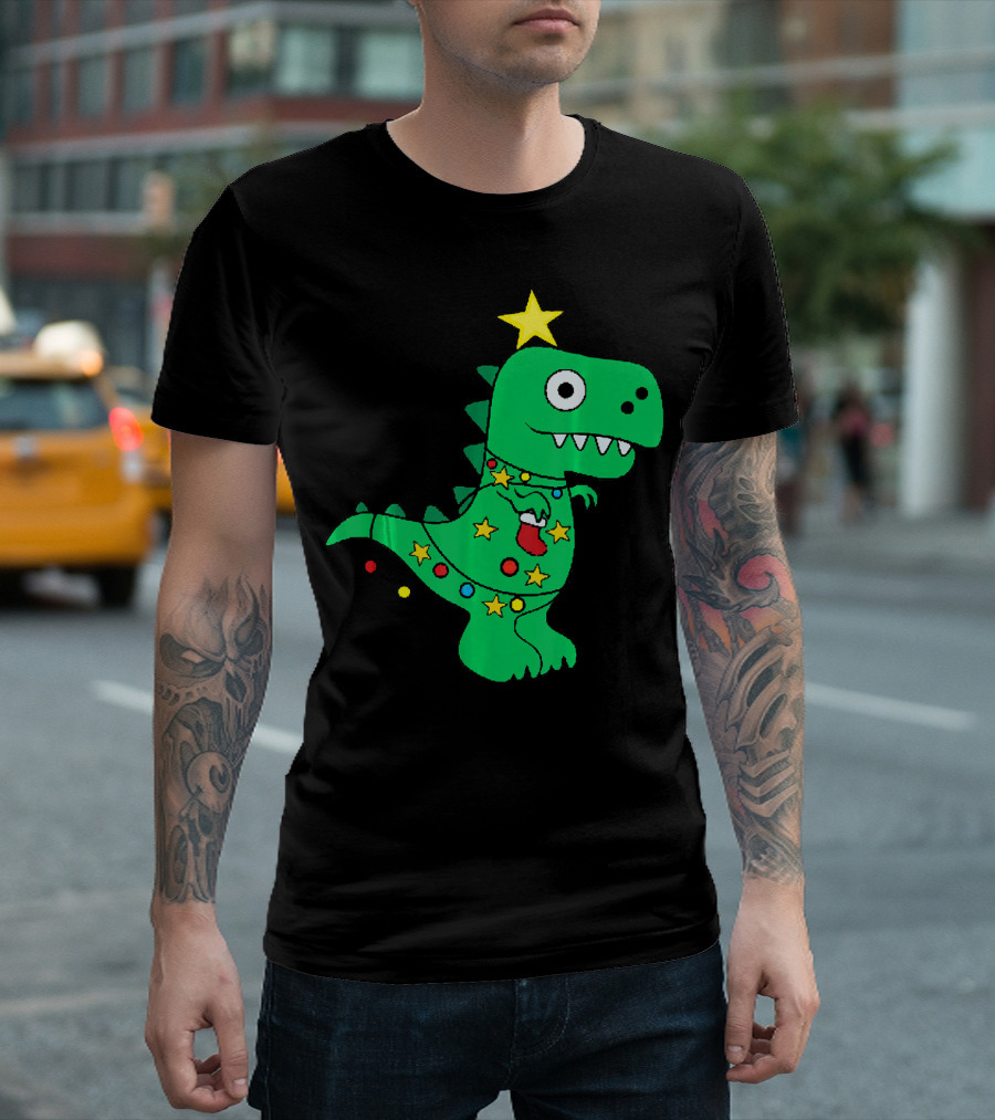 Christmas Dinosaur Rex With Star And Lights T-Shirt