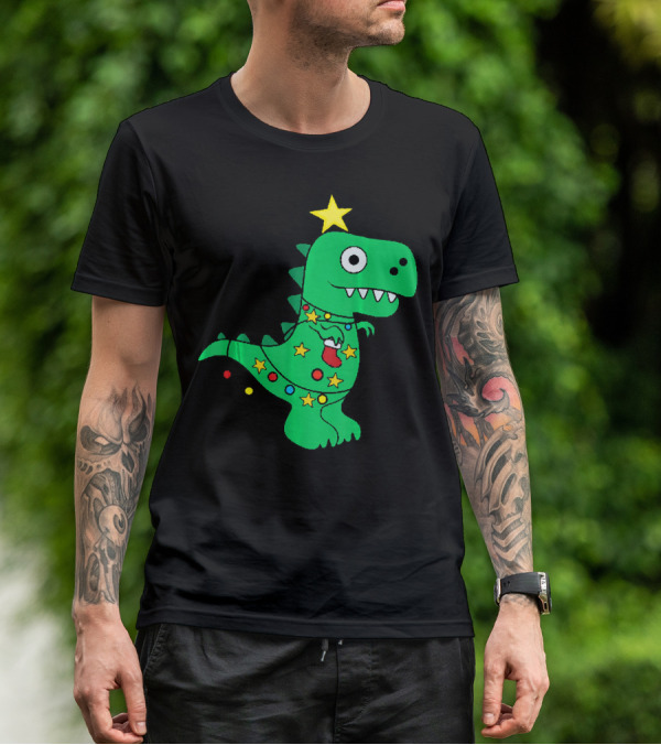Christmas Dinosaur Rex With Star And Lights T-Shirt