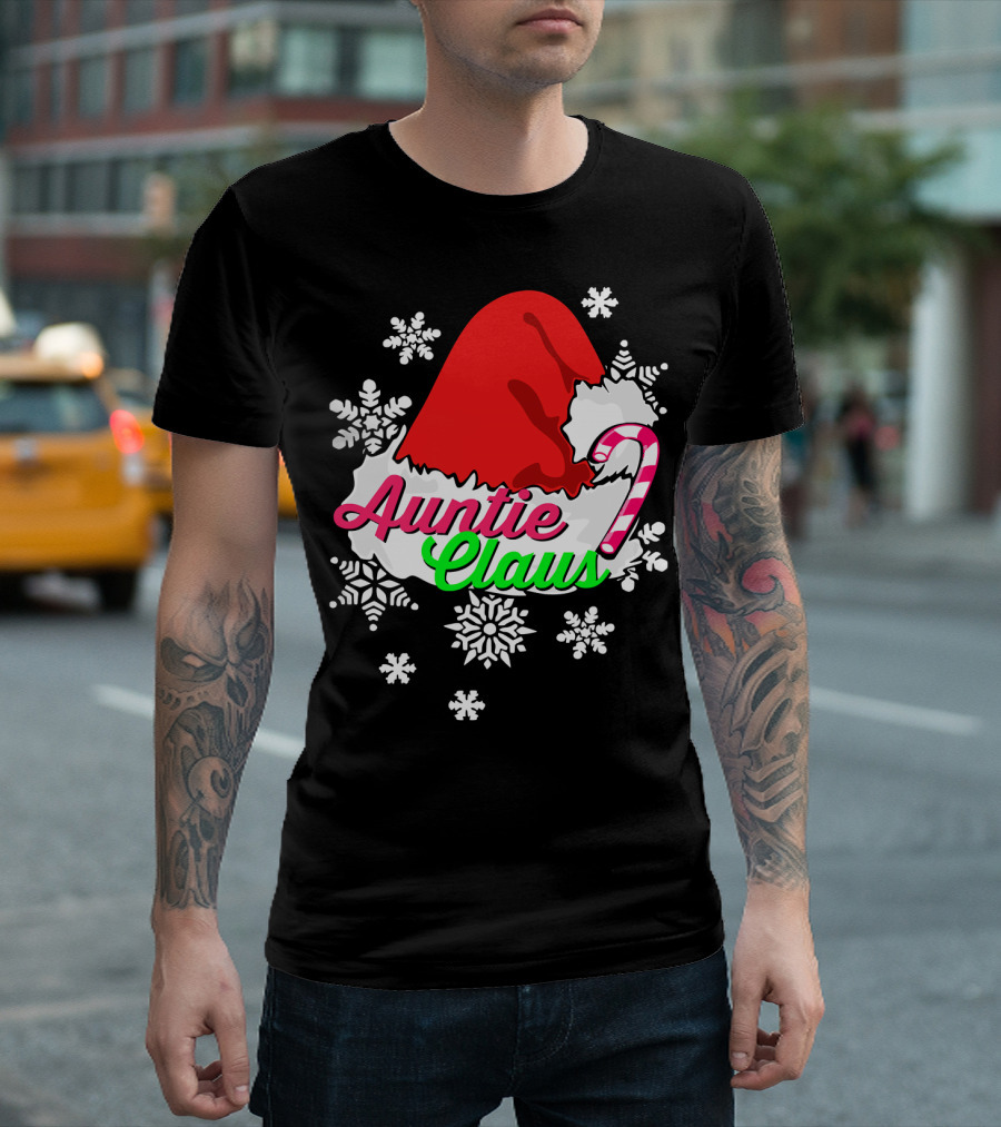 Auntie Claus Christmas Candy Cane Snowflakes Santa Hat T-Shirt