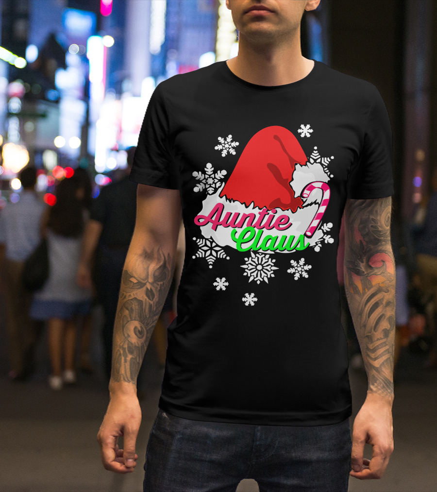 Auntie Claus Christmas Candy Cane Snowflakes Santa Hat T-Shirt