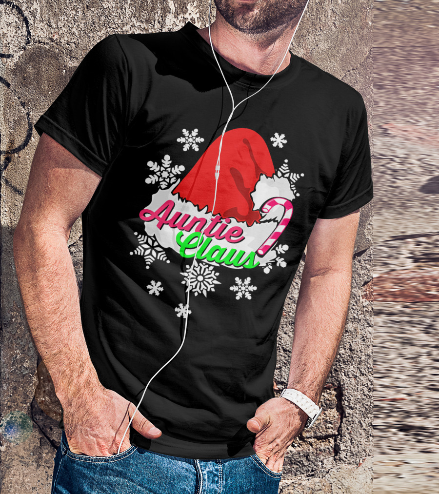 Auntie Claus Christmas Candy Cane Snowflakes Santa Hat T-Shirt