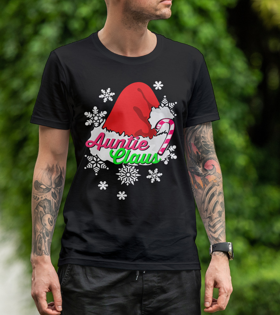 Auntie Claus Christmas Candy Cane Snowflakes Santa Hat T-Shirt