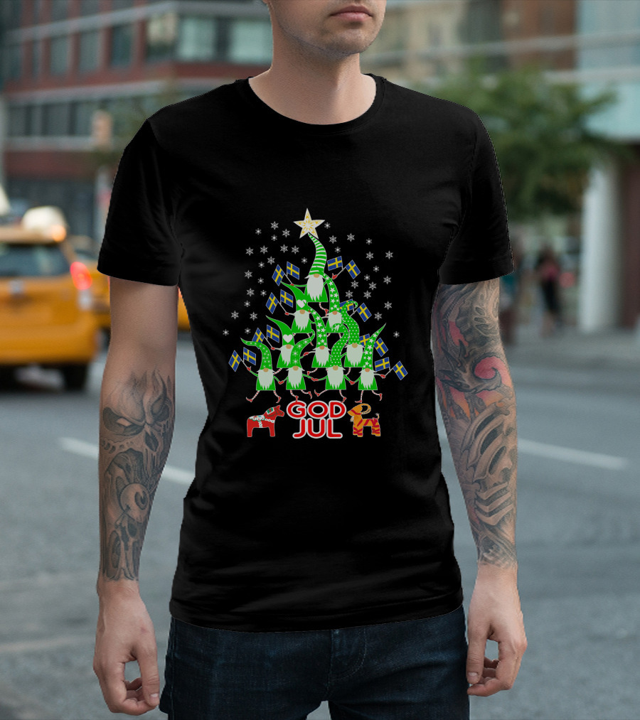 God Jul Christmas Tree Swedish Flags Tomte Nisse Dala Horse T-Shirt