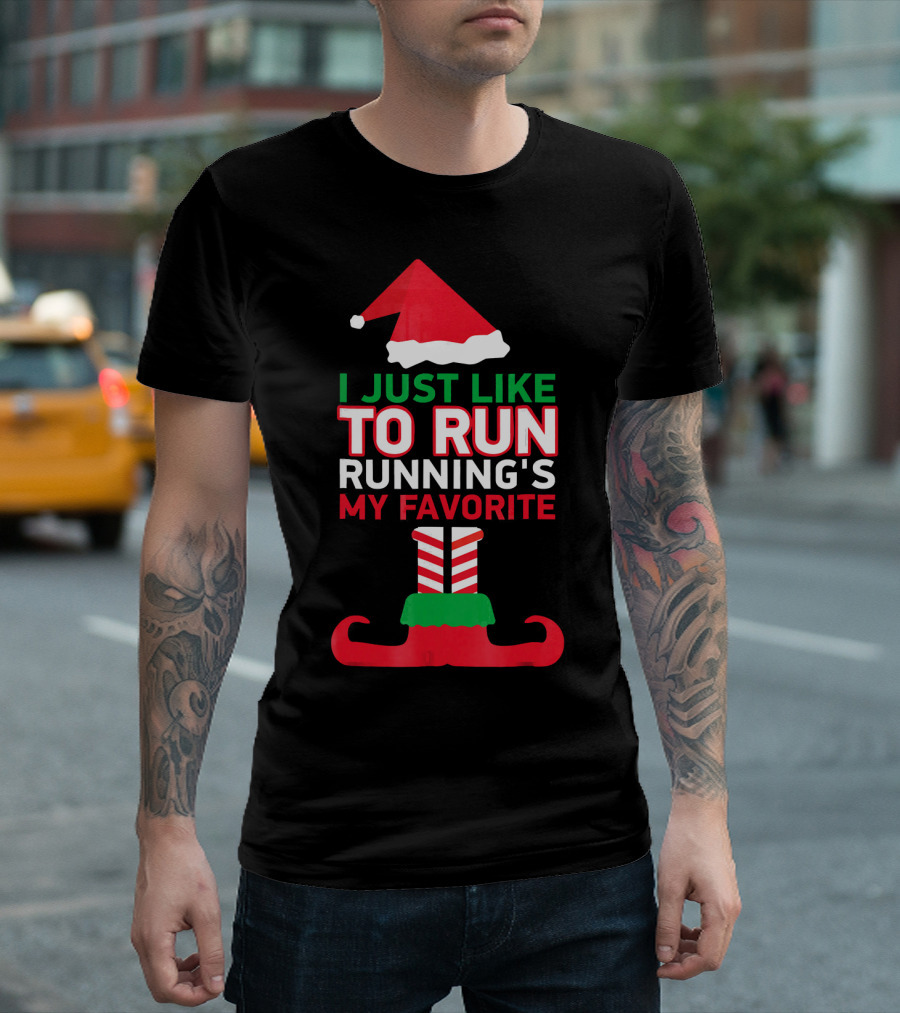I Just Like To Run Running's My Favorite Santa Hat and Elf Shoes T-Shirt