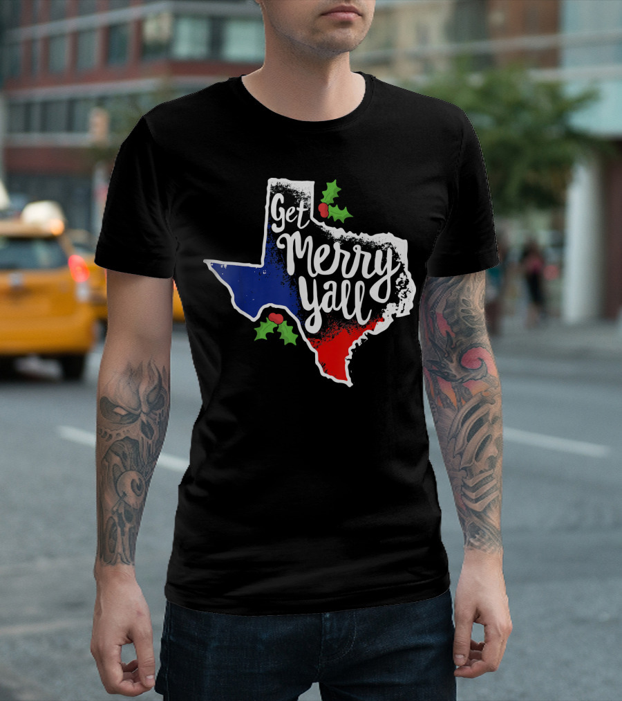 Get Merry Yall Texas State Outline Holly Berries Red White Blue T-Shirt