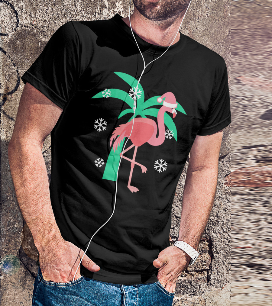 Pink Flamingo With Santa Hat And Palm Tree Snowflakes Christmas T-Shirt