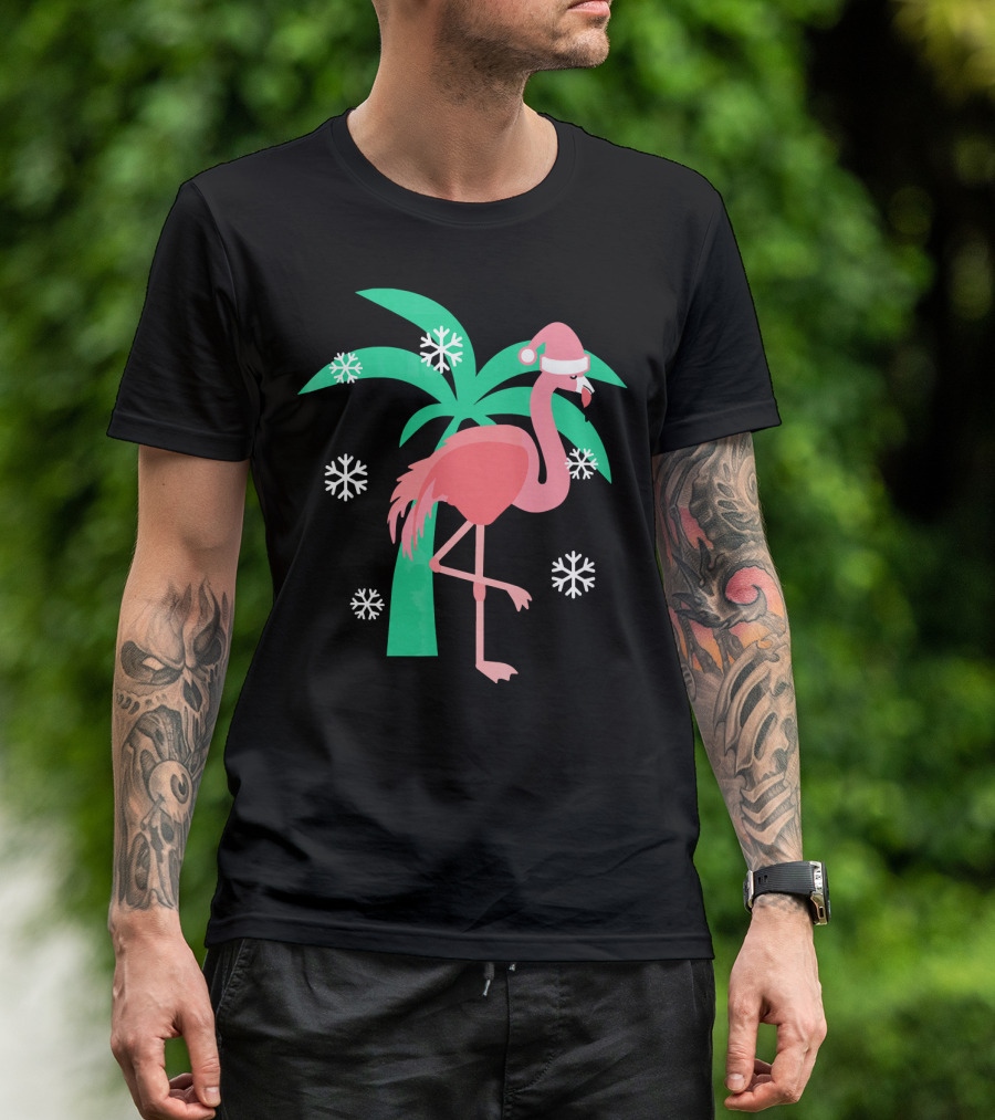 Pink Flamingo With Santa Hat And Palm Tree Snowflakes Christmas T-Shirt