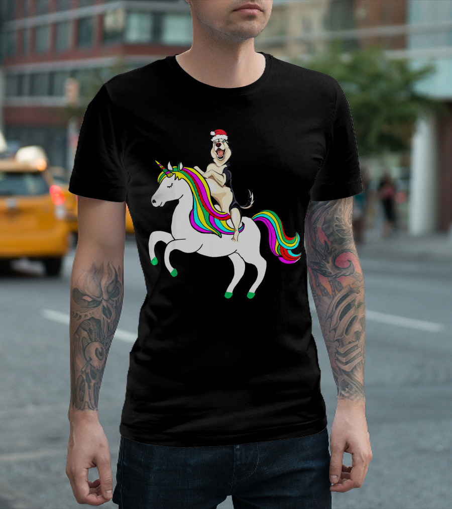 Pug Christmas Dog Riding Rainbow Unicorn T-Shirt