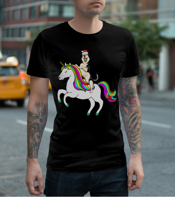Pug Christmas Dog Riding Rainbow Unicorn T-Shirt