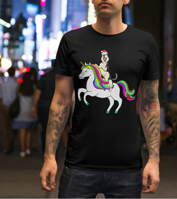 Pug Christmas Dog Riding Rainbow Unicorn T-Shirt