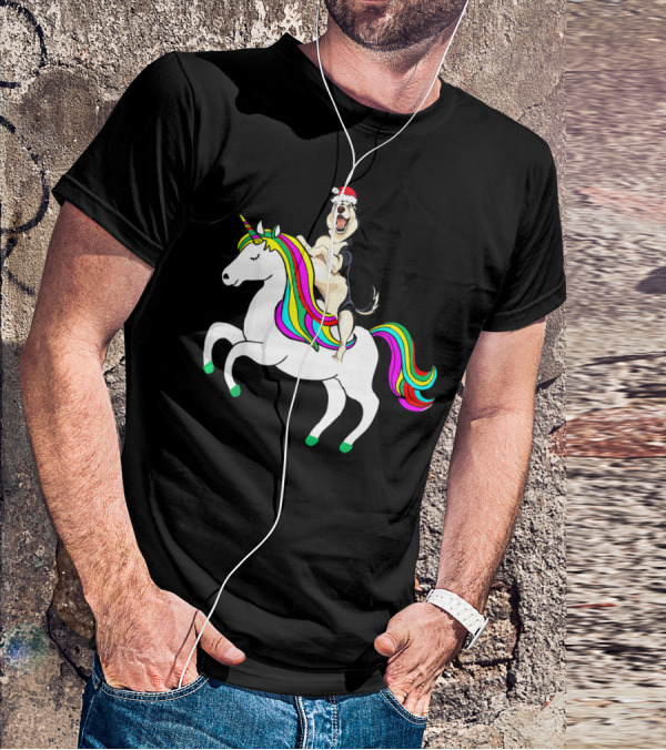 Pug Christmas Dog Riding Rainbow Unicorn T-Shirt