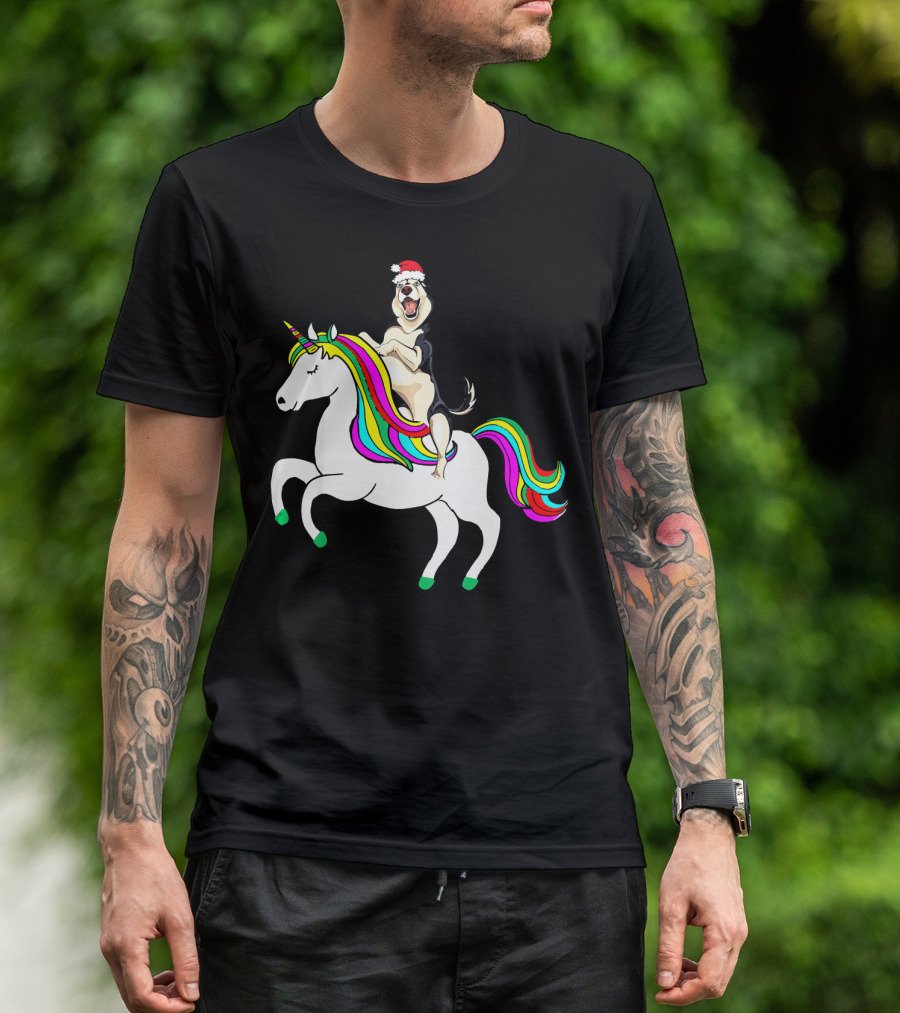 Pug Christmas Dog Riding Rainbow Unicorn T-Shirt