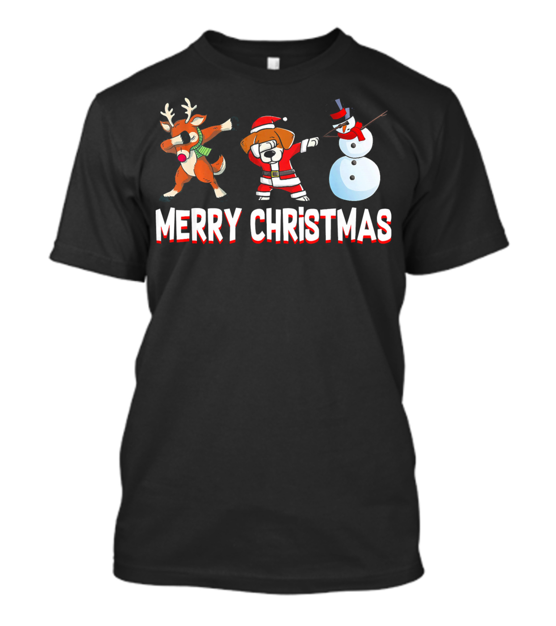 Merry Christmas Reindeer Santa Dog And Snowman T-Shirt