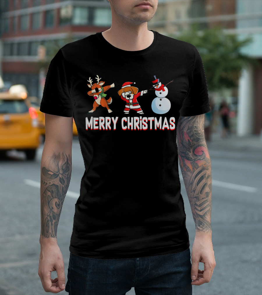 Merry Christmas Reindeer Santa Dog and Snowman T-Shirt