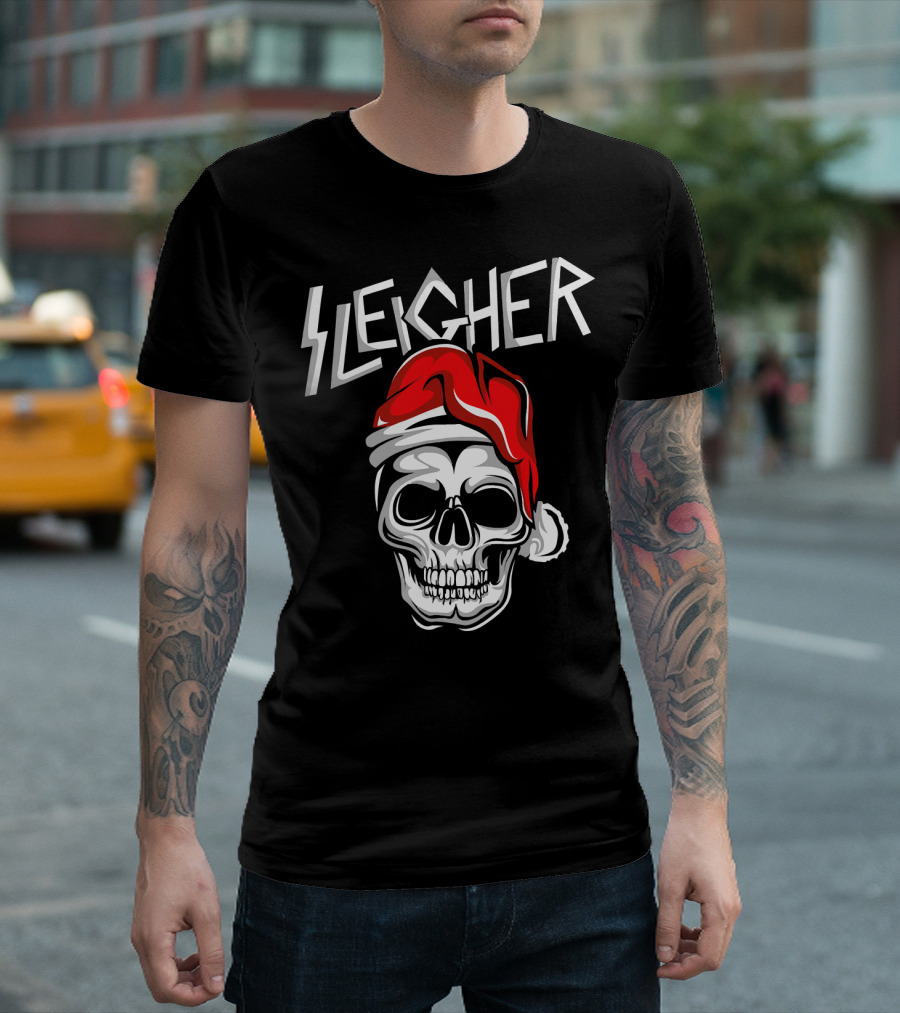 Sleigher Heavy Metal Music Skull With Santa Hat T-Shirt