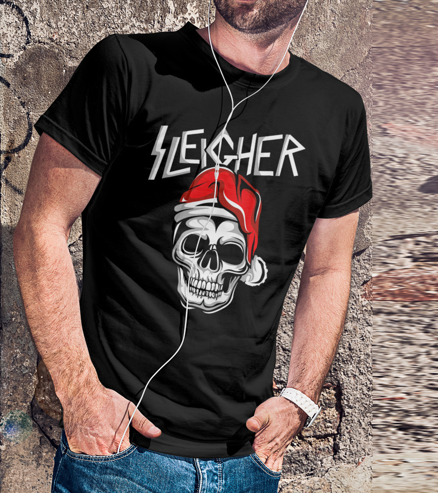 Sleigher Heavy Metal Music Skull With Santa Hat T-Shirt