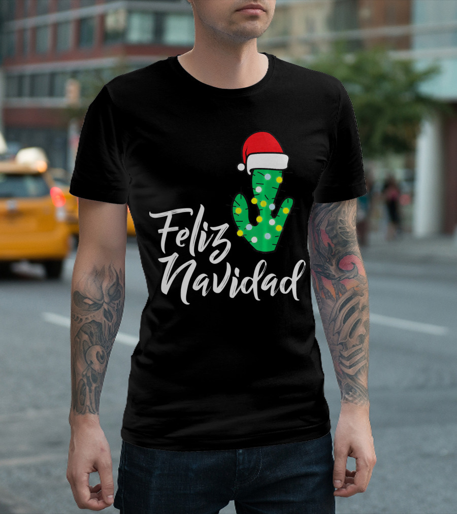 Feliz Navidad Cactus With Santa Hat And Christmas Lights T-Shirt