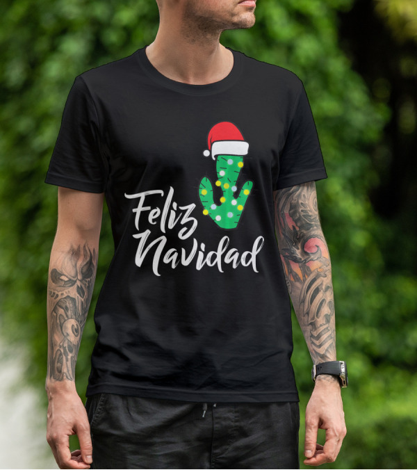 Feliz Navidad Cactus With Santa Hat And Christmas Lights T-Shirt