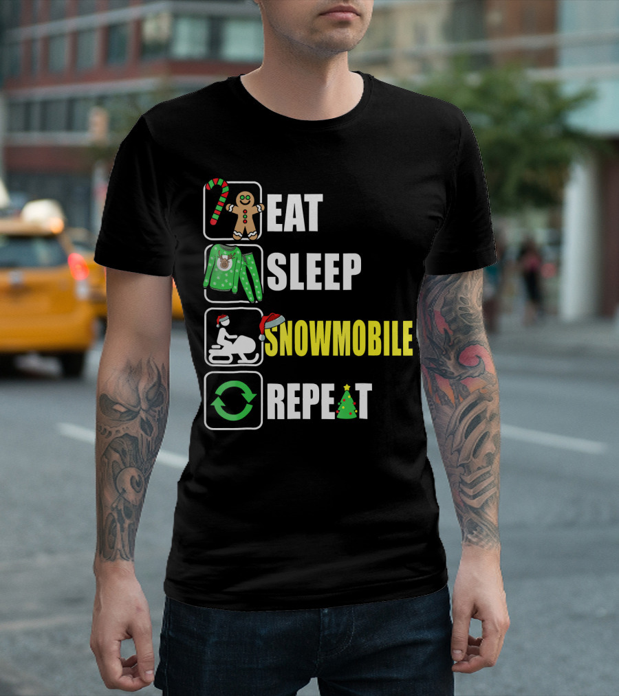 Eat Sleep Snowmobile Repeat Christmas Holiday Icons Gingerbread Sweater Candy Cane T-Shirt