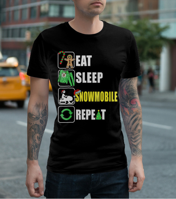 Eat Sleep Snowmobile Repeat Christmas Holiday Icons Gingerbread Sweater Candy Cane T-Shirt