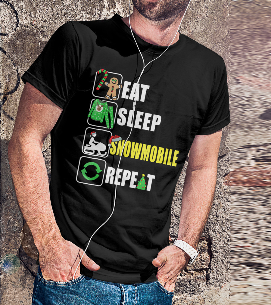 Eat Sleep Snowmobile Repeat Christmas Holiday Icons Gingerbread Sweater Candy Cane T-Shirt