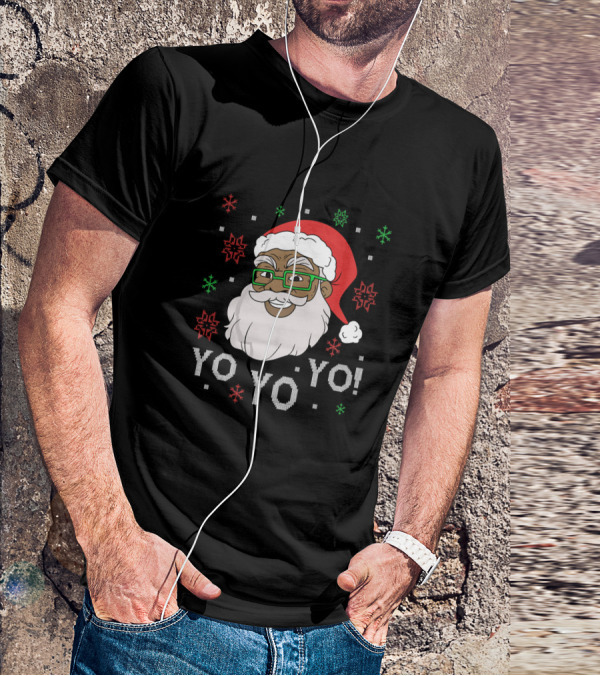 Yo Yo Yo Fun Black Santa Claus Christmas Snowflakes Glasses T-Shirt