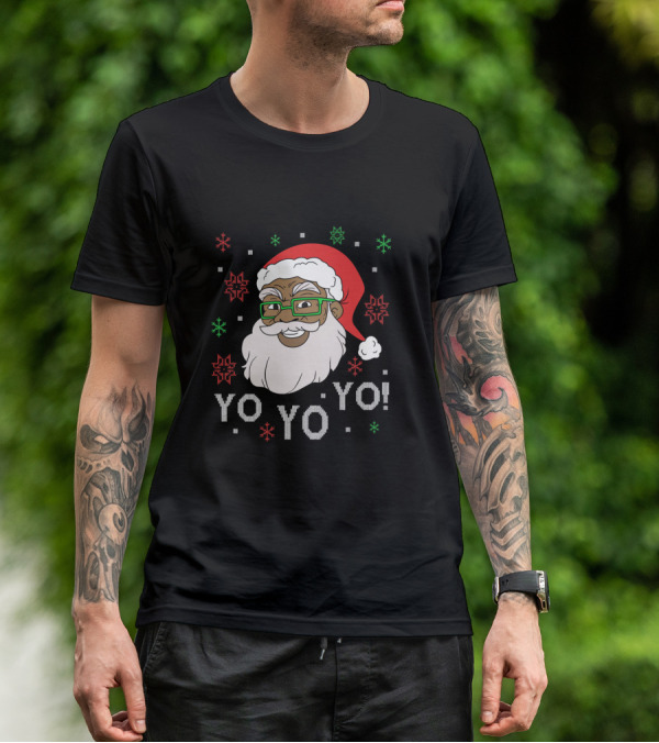 Yo Yo Yo Fun Black Santa Claus Christmas Snowflakes Glasses T-Shirt