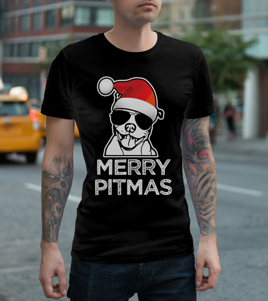 Merry Pitmas Funny Christmas Pitbull With Santa Hat And Sunglasses T-Shirt