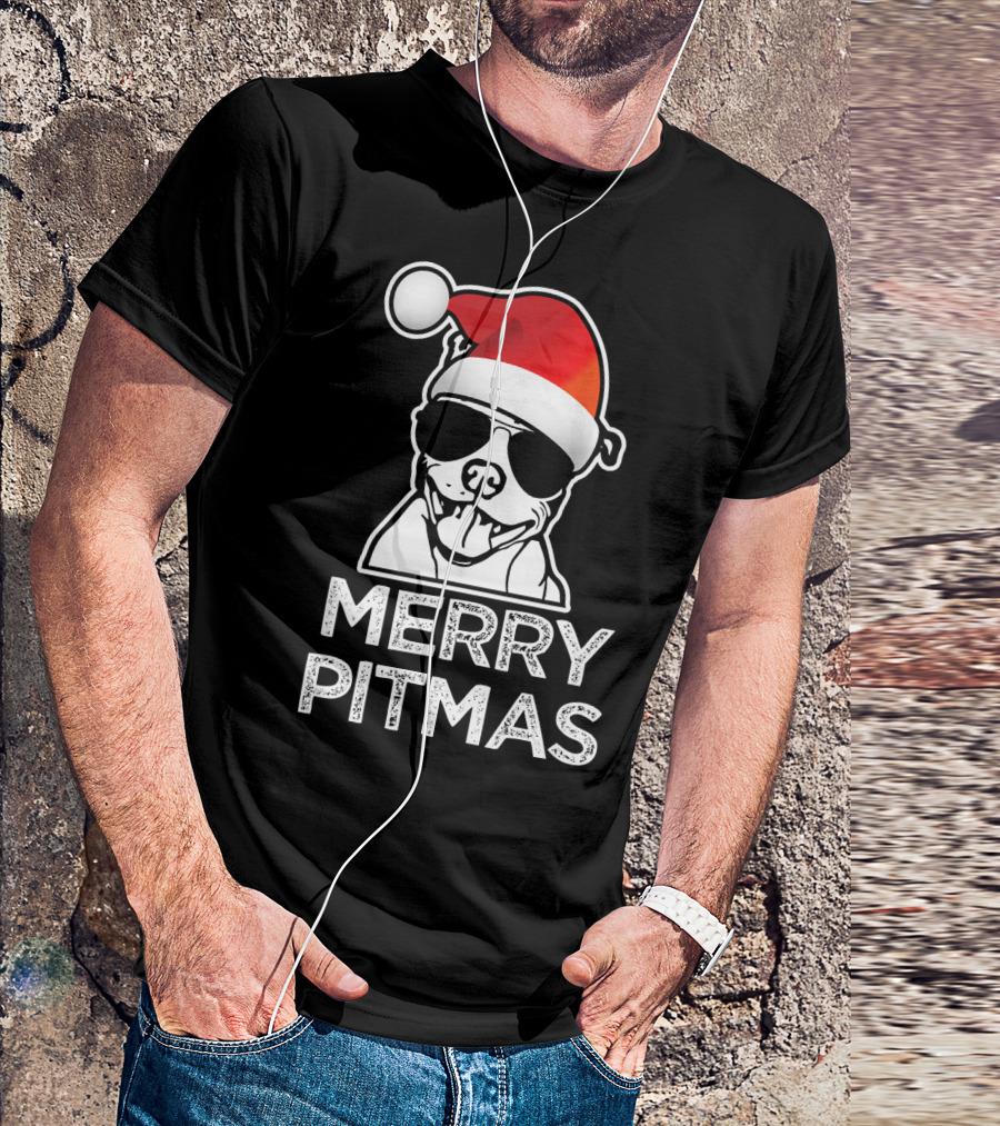 Merry Pitmas Funny Christmas Pitbull With Santa Hat And Sunglasses T-Shirt