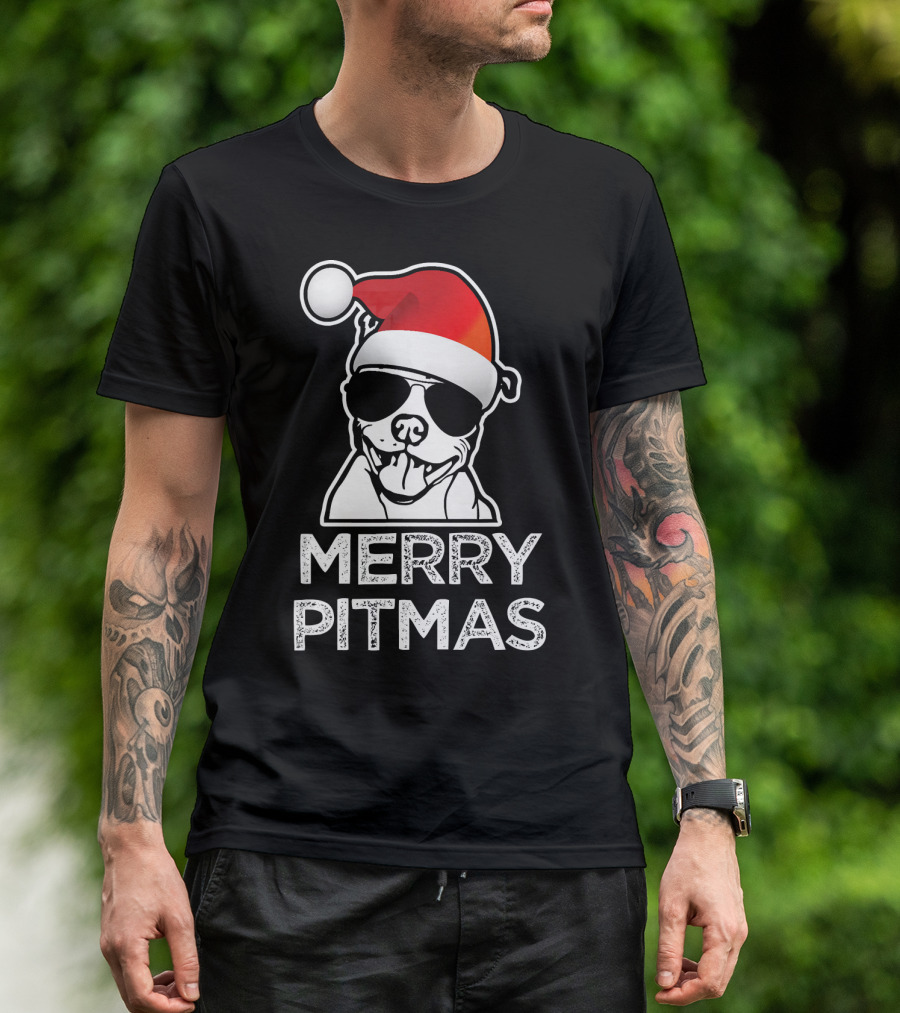 Merry Pitmas Funny Christmas Pitbull With Santa Hat And Sunglasses T-Shirt